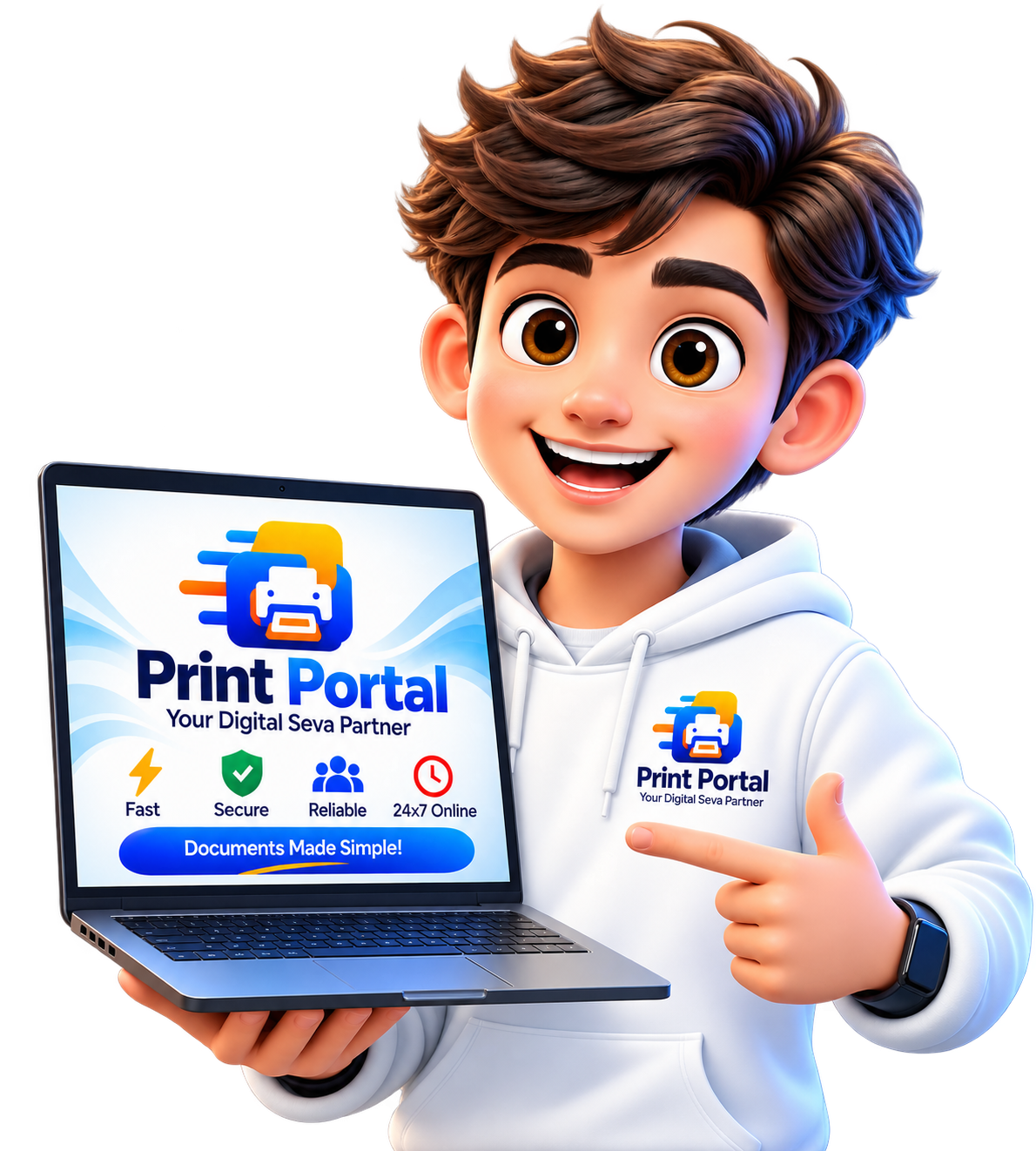 Print Portal par laptop se document print karta hua CSC VLE